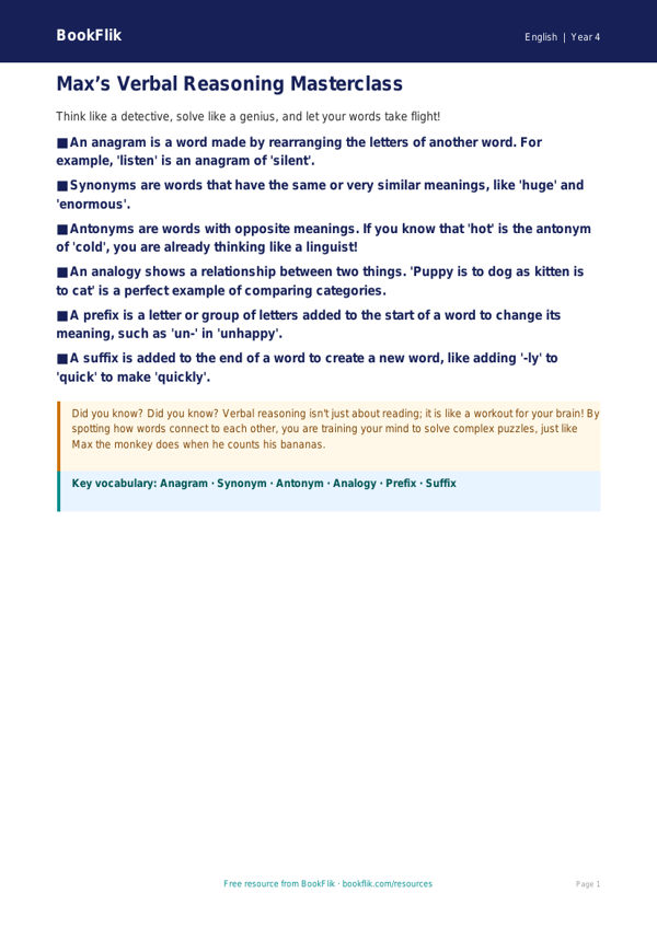 Free Verbal Reasoning Poster | Class 4 | English | BookFlik worksheet preview — English Verbal Reasoning