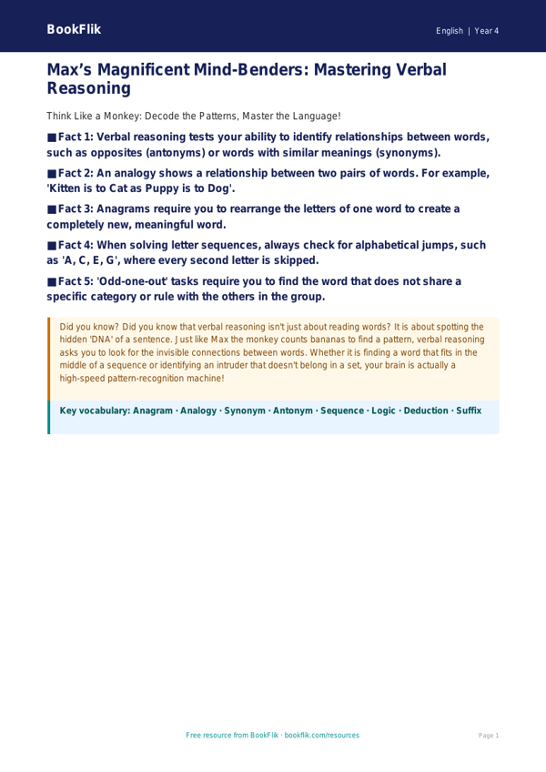 Verbal Reasoning Practice for Class 4 | CBSE English Resources | BookFlik worksheet preview — English Verbal Reasoning