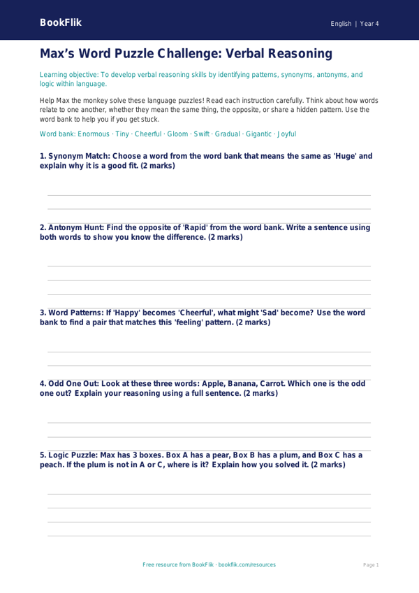 English verbal reasoning template class 4 core worksheet preview — English Verbal Reasoning