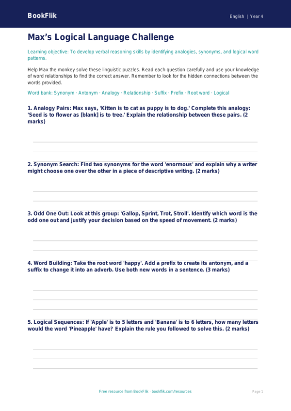 Verbal Reasoning Practice for Class 4 | CBSE English | BookFlik worksheet preview — English Verbal Reasoning