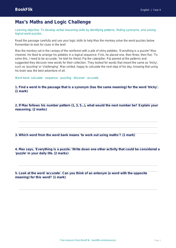 English verbal reasoning track sheet class 4 core worksheet preview — English Verbal Reasoning