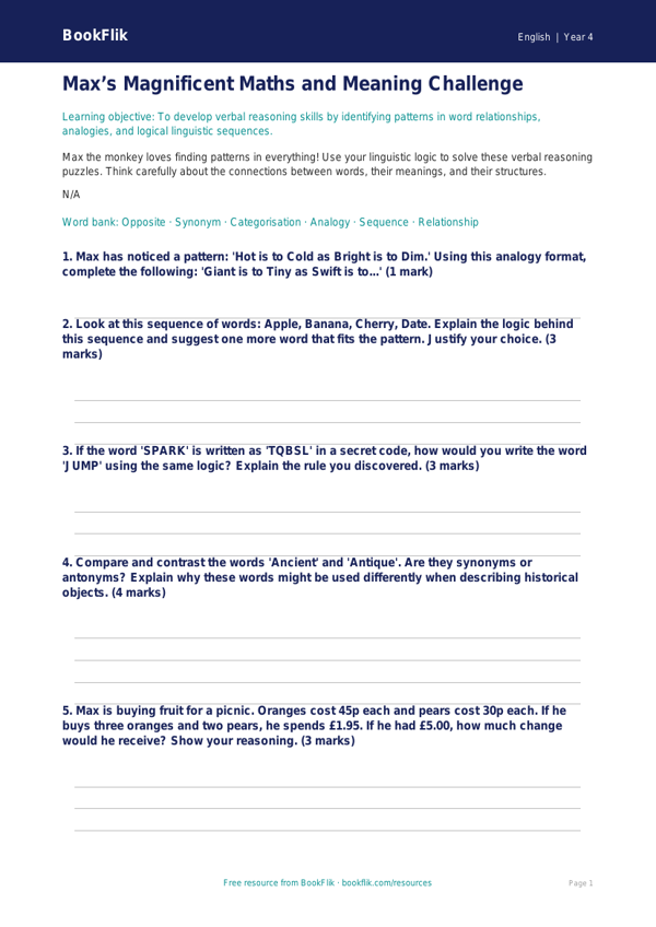 Verbal Reasoning Worksheet for Class 4 | CBSE English | BookFlik worksheet preview — English Verbal Reasoning