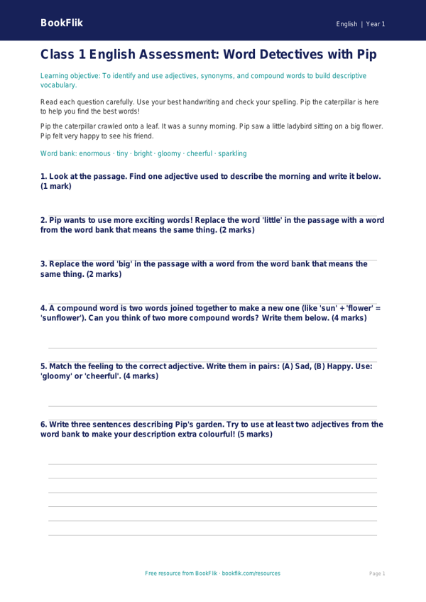 Free Vocabulary Assessment | Class 1 | English | BookFlik worksheet preview — English Vocabulary