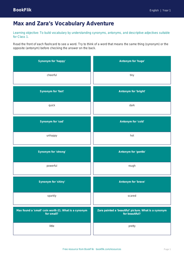 Free Vocabulary Flashcards | Class 1 | English | BookFlik worksheet preview — English Vocabulary