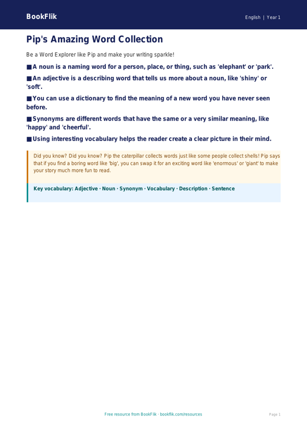 Free Vocabulary Poster for Class 1 | English Learning | BookFlik worksheet preview — English Vocabulary