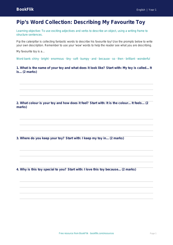 Free Vocabulary Writing Frame | Class 1 | English | BookFlik worksheet preview — English Vocabulary
