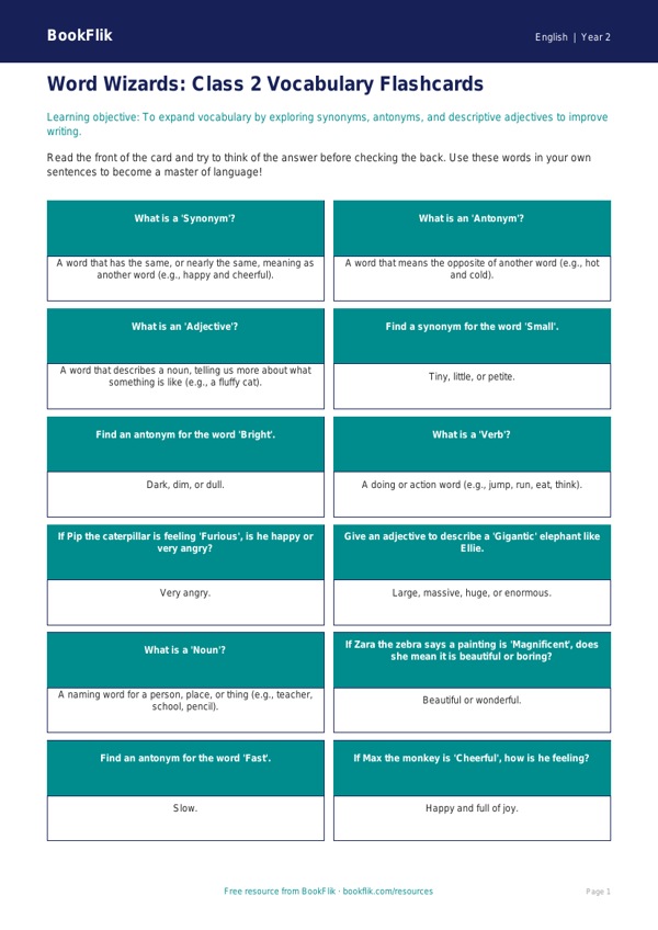 Free Vocabulary Flashcards | Class 2 English | BookFlik worksheet preview — English Vocabulary