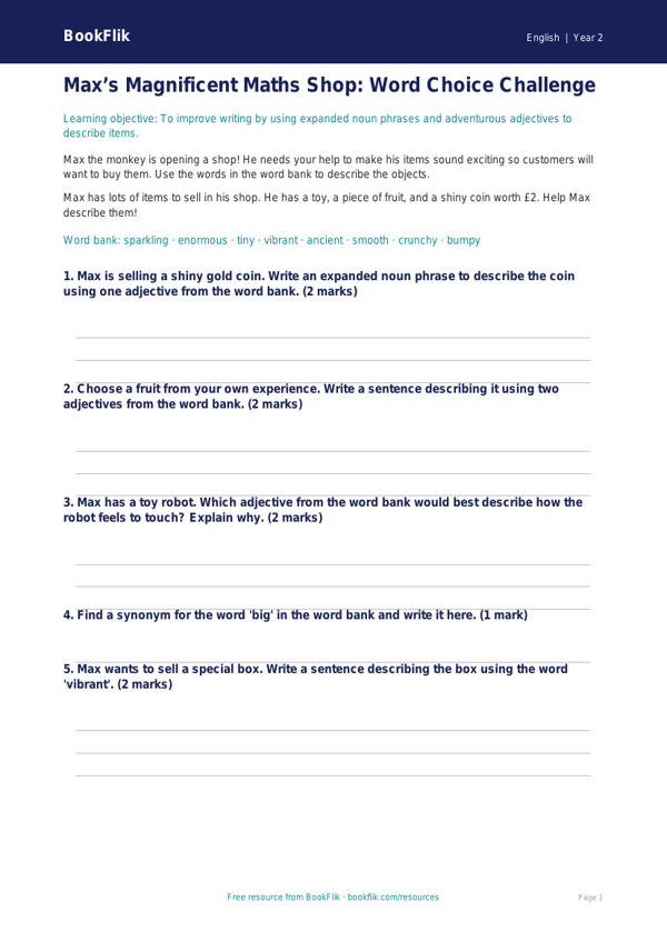 Free Vocabulary Worksheet | Class 2 | English | BookFlik worksheet preview — English Vocabulary