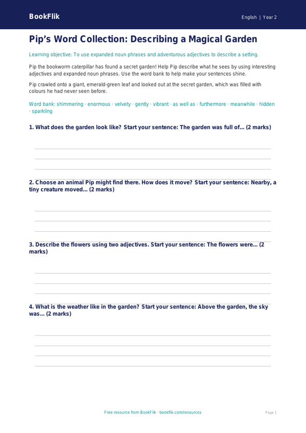 Free Vocabulary Writing Frame | Class 2 | English | BookFlik worksheet preview — English Vocabulary