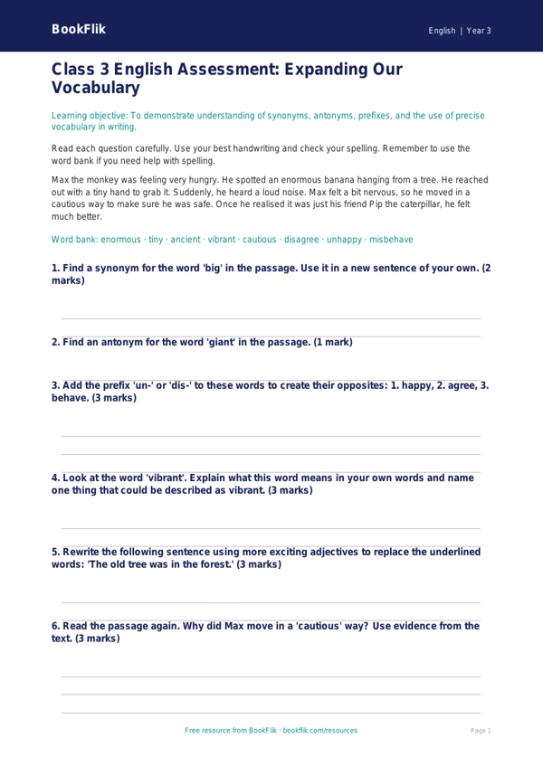 Free Vocabulary Assessment | Class 3 | English | BookFlik worksheet preview — English Vocabulary