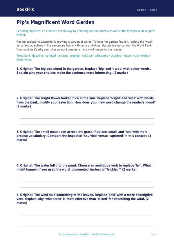 Free Vocabulary Activity Sheet | Class 4 | English | BookFlik worksheet preview — English Vocabulary