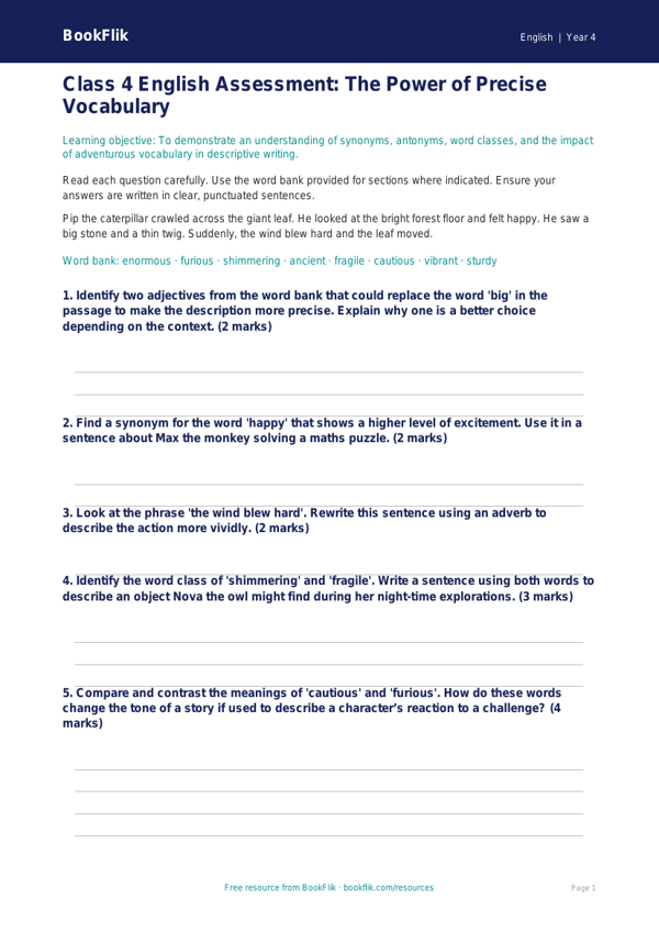 Free Vocabulary Assessment | Class 4 | English | BookFlik worksheet preview — English Vocabulary