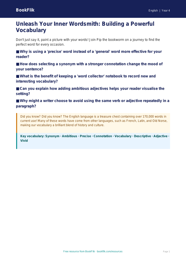 Free Vocabulary Poster | Class 4 | English | BookFlik worksheet preview — English Vocabulary