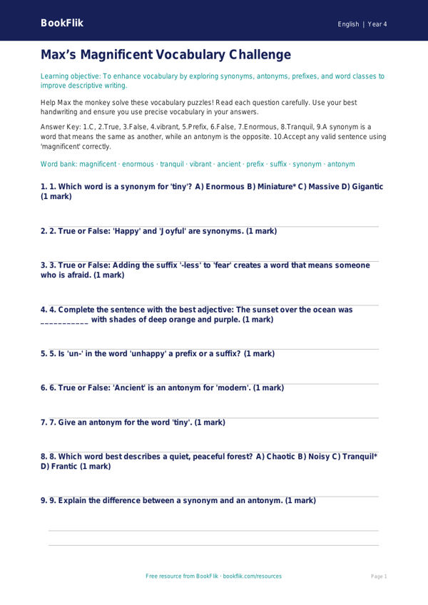 English vocabulary quiz class 4 greater depth worksheet preview — English Vocabulary