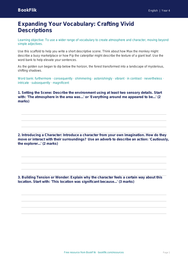 Free Vocabulary Writing Frame | Class 4 | English | BookFlik worksheet preview — English Vocabulary