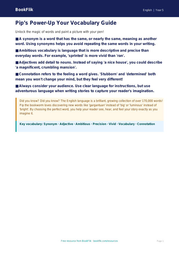 Free Vocabulary Poster | Class 5 | English | BookFlik worksheet preview — English Vocabulary