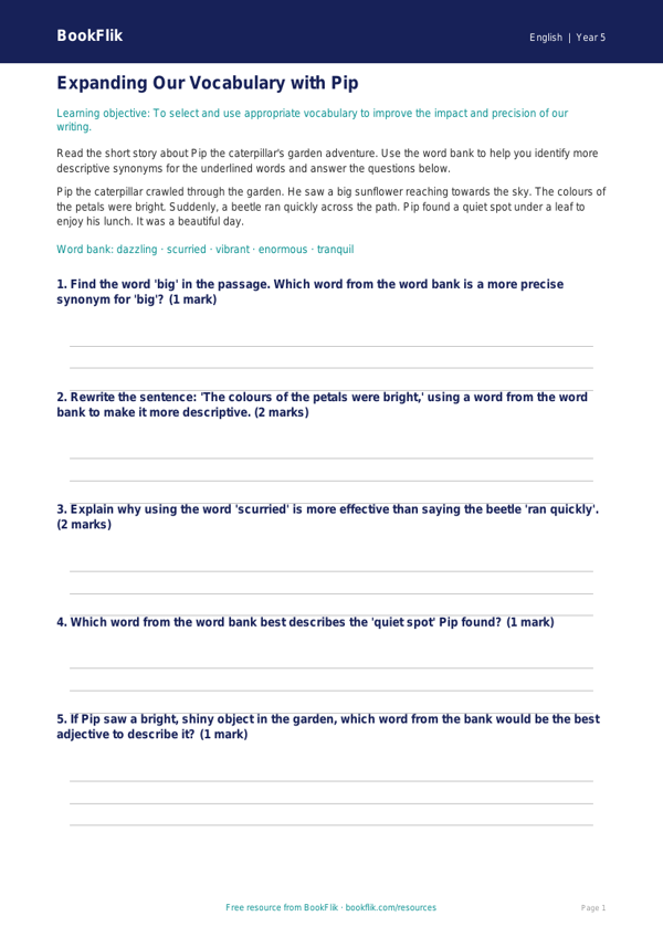 Free Vocabulary Track Sheet | Class 5 | English | BookFlik worksheet preview — English Vocabulary