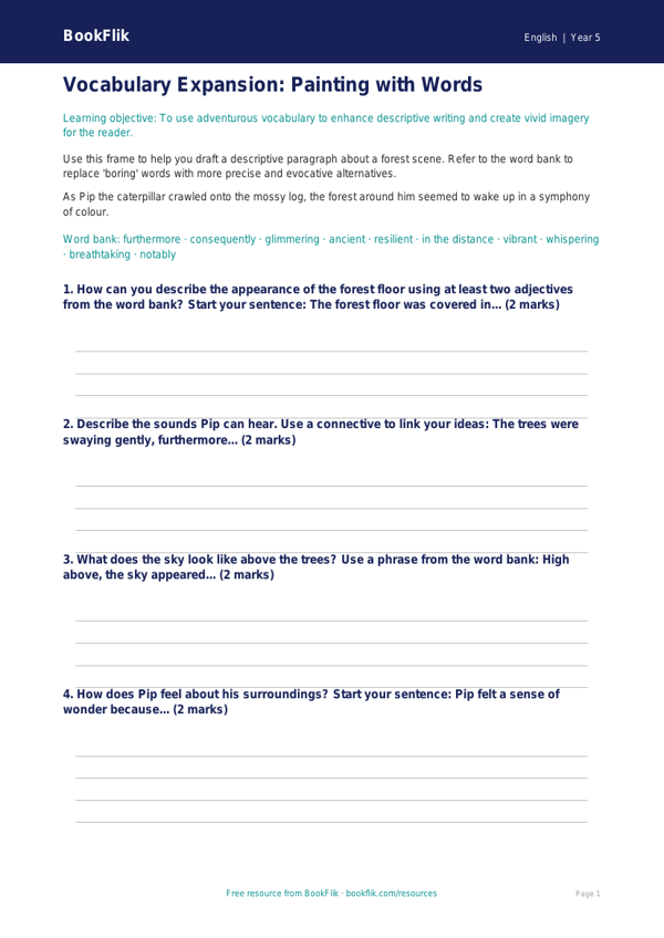 Free Vocabulary Writing Frame | Class 5 | English | BookFlik worksheet preview — English Vocabulary