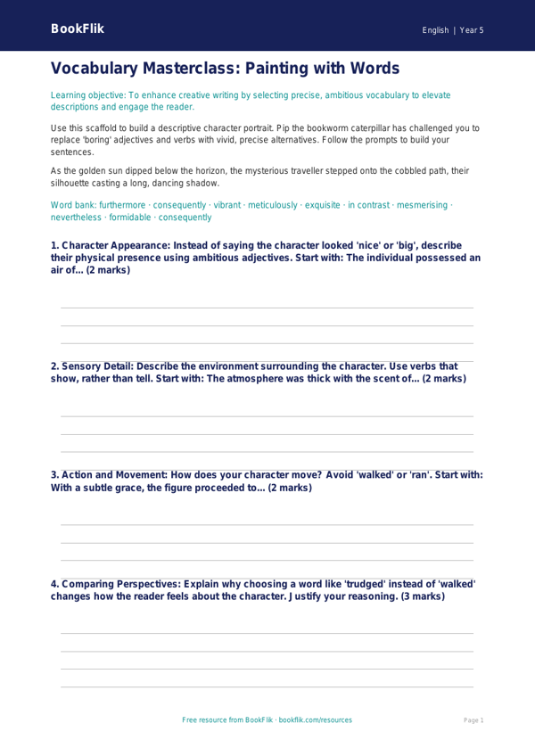 Free Vocabulary Writing Frame | Class 5 | English | BookFlik worksheet preview — English Vocabulary