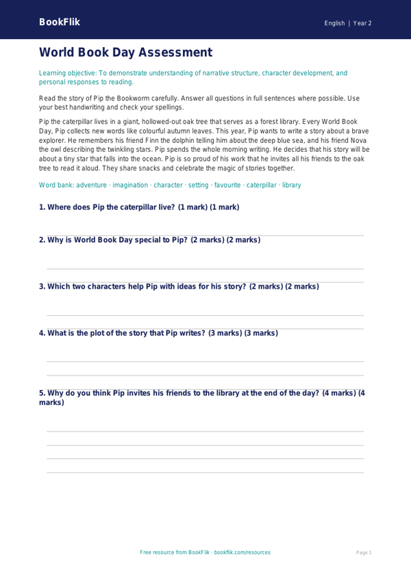 World Book Day Reading Comprehension | Class 2 English | BookFlik worksheet preview — English World Book Day