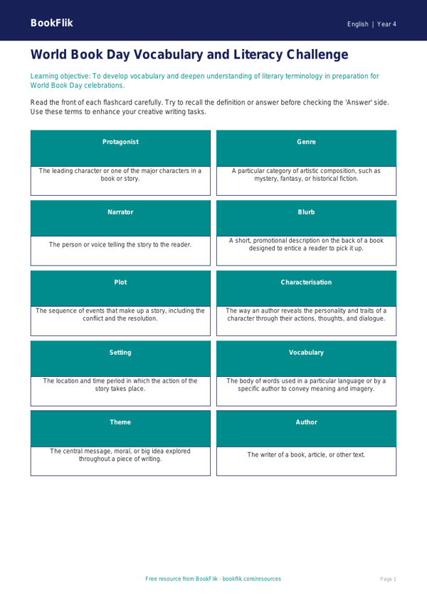 World Book Day Flashcards for Class 4 | CBSE English Resources worksheet preview — English World Book Day