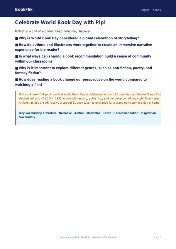 English world book day poster class 4 greater depth worksheet preview — English World Book Day