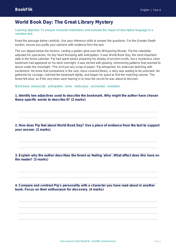 World Book Day Reading Challenge for Class 4 | CBSE English Worksheet worksheet preview — English World Book Day