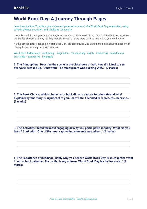 World Book Day Writing Frame for Class 4 | CBSE English Resources worksheet preview — English World Book Day