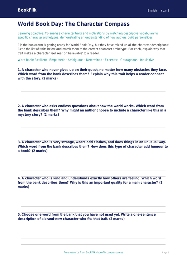 World Book Day Activity Sheet for Class 5 | CBSE English Worksheet worksheet preview — English World Book Day