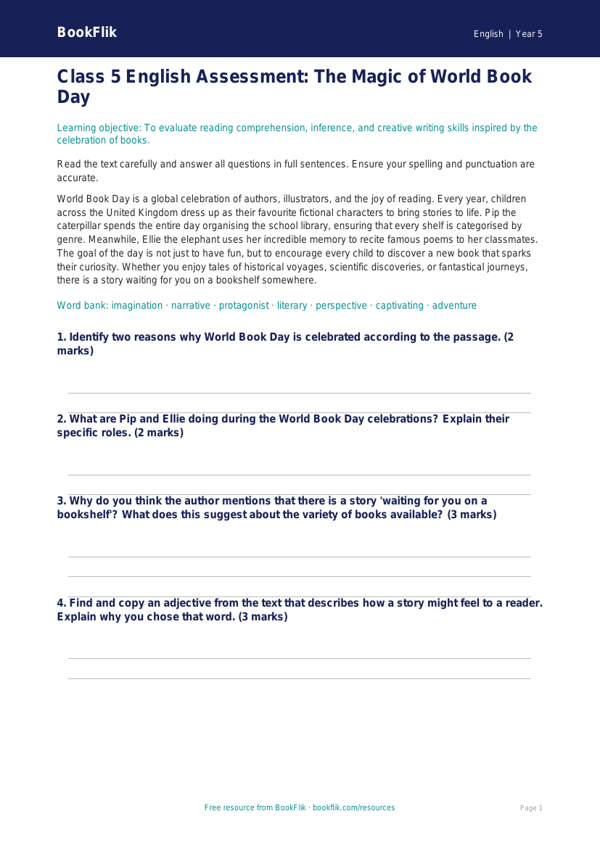 World Book Day Reading Comprehension | Class 5 CBSE | BookFlik worksheet preview — English World Book Day