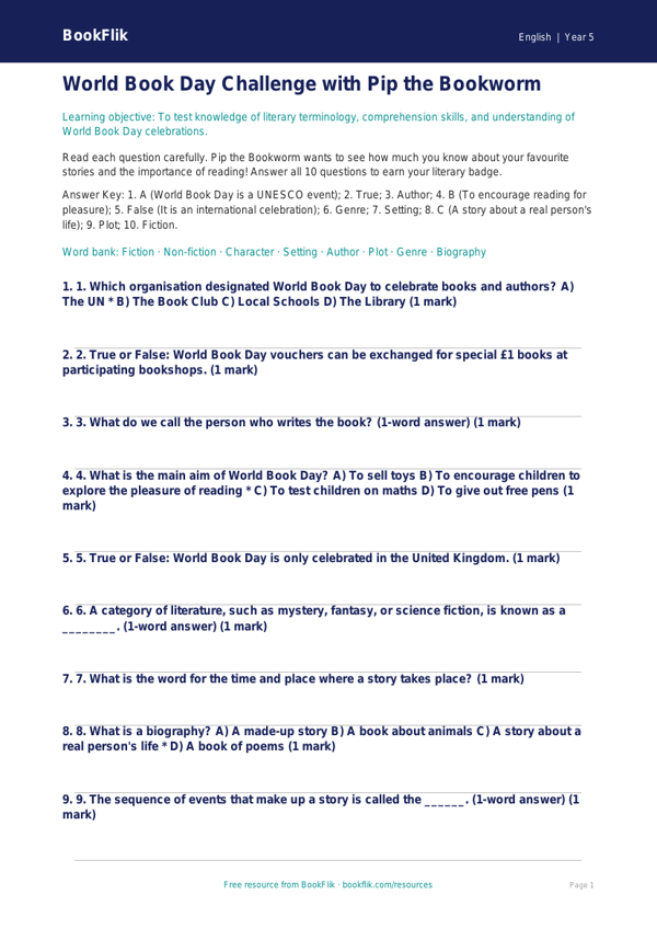 World Book Day Quiz for Class 5 | CBSE English Worksheet | BookFlik worksheet preview — English World Book Day