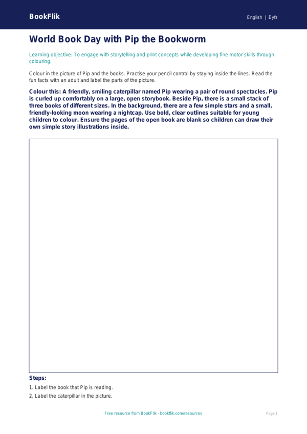 Free World Book Day Colouring Page | Nursery / LKG | English | BookFlik worksheet preview — English World Book Day