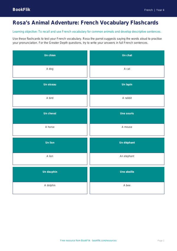 French Animal Names Flashcards | Class 4 CBSE | BookFlik worksheet preview — French Animals