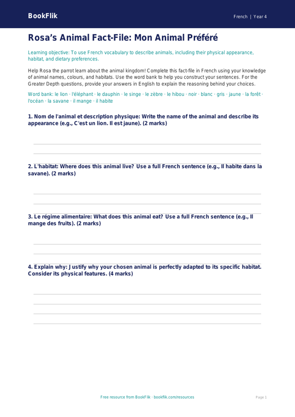 French Animals Worksheet for Class 4 | CBSE Curriculum | BookFlik worksheet preview — French Animals