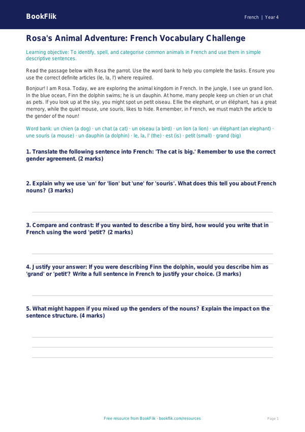 French Animals Track Sheet for Class 4 | BookFlik Resources worksheet preview — French Animals