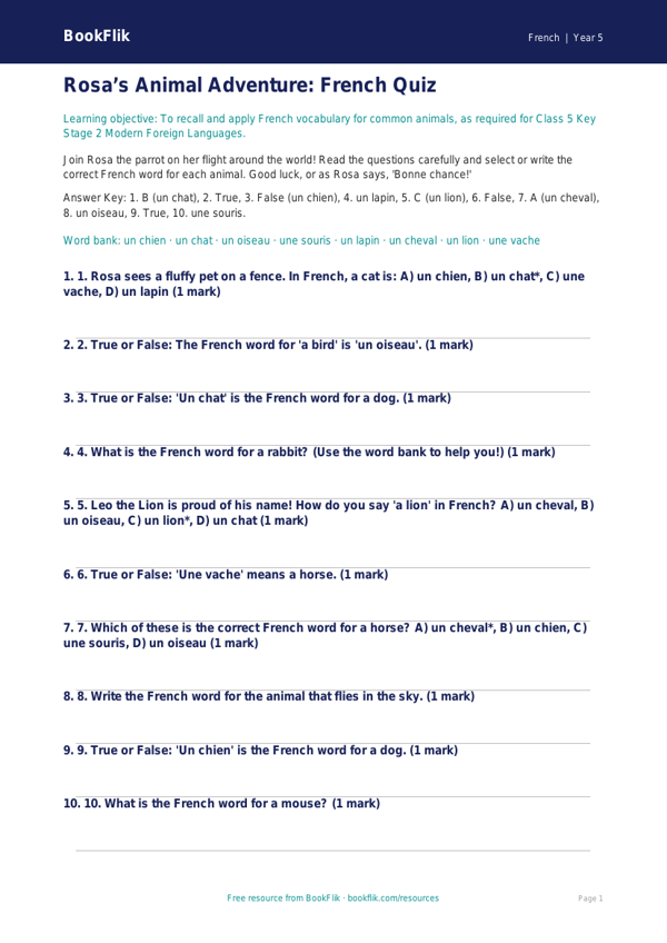 French Animals Quiz for Class 5 | CBSE Learning | BookFlik worksheet preview — French Animals