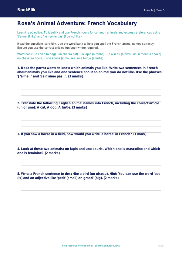 French Animals Worksheet for Class 5 | CBSE | BookFlik worksheet preview — French Animals