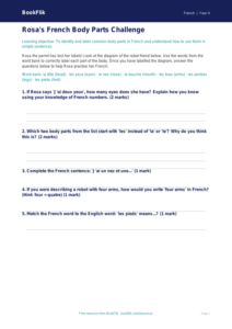 French body parts activity sheet class 4 core