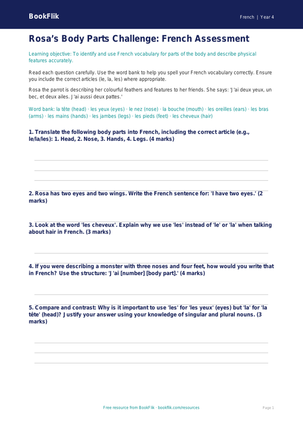French Body Parts Worksheet for Class 4 | CBSE Curriculum | BookFlik worksheet preview — French Body Parts