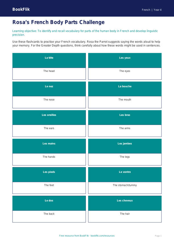 French Body Parts Flashcards for Class 4 | CBSE Curriculum worksheet preview — French Body Parts
