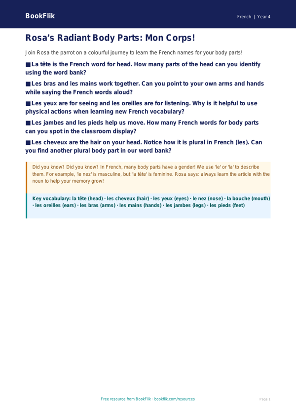 French Body Parts Lesson Plan for Class 4 | CBSE Resource worksheet preview — French Body Parts