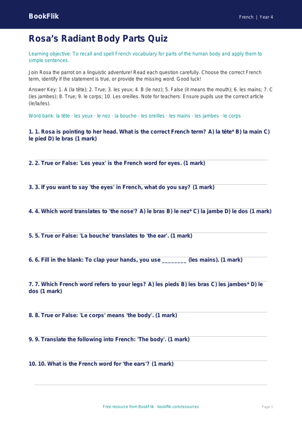French Body Parts Quiz for Class 4 | CBSE Curriculum | BookFlik worksheet preview — French Body Parts