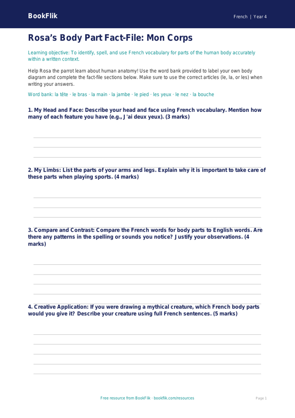 French Body Parts Lesson Plan | Class 4 CBSE | BookFlik worksheet preview — French Body Parts