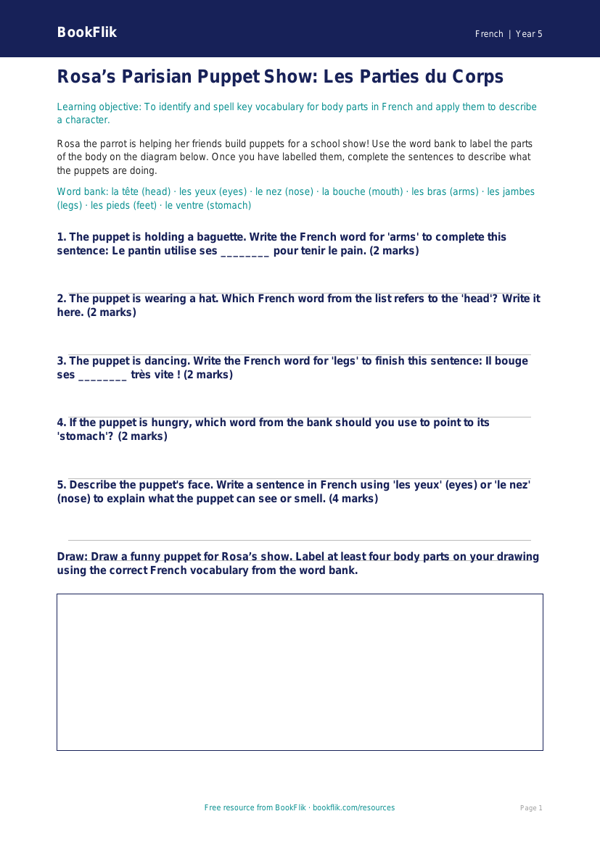Free Body Parts Activity Sheet | Class 5 | French | BookFlik worksheet preview — French Body Parts
