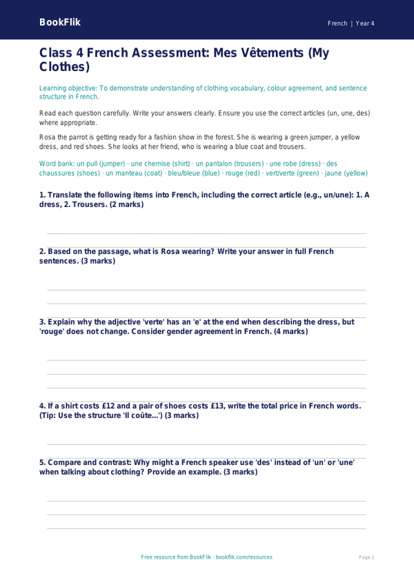 French Clothes Assessment for Class 4 | CBSE Curriculum | BookFlik worksheet preview — French Clothes