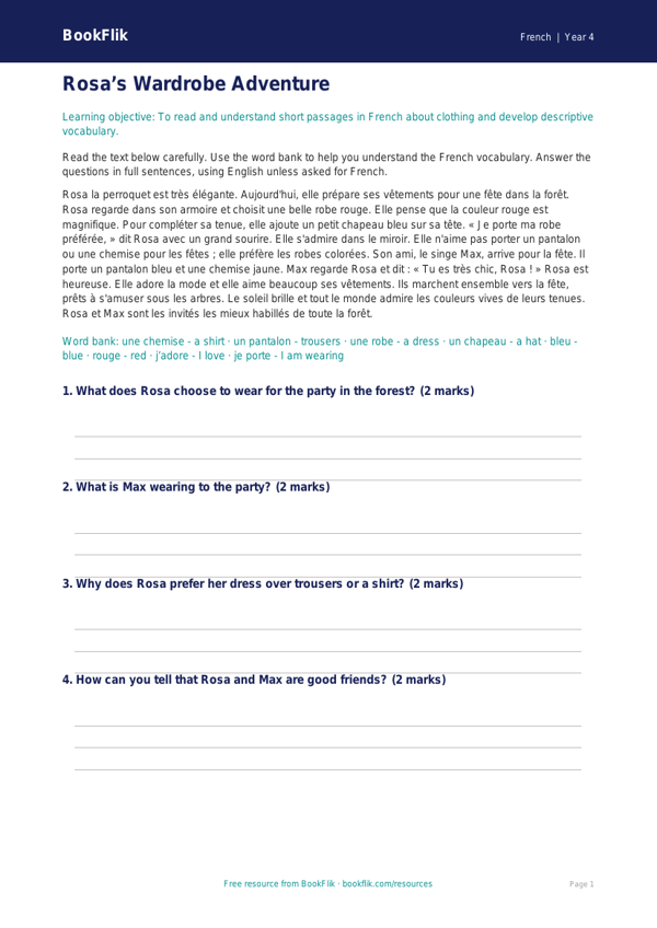 French Clothes Vocabulary & Comprehension | Class 4 CBSE | BookFlik worksheet preview — French Clothes