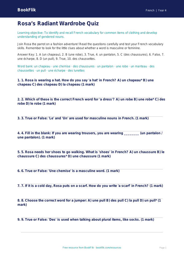 French Clothes Quiz for Class 4 | CBSE French Learning | BookFlik worksheet preview — French Clothes