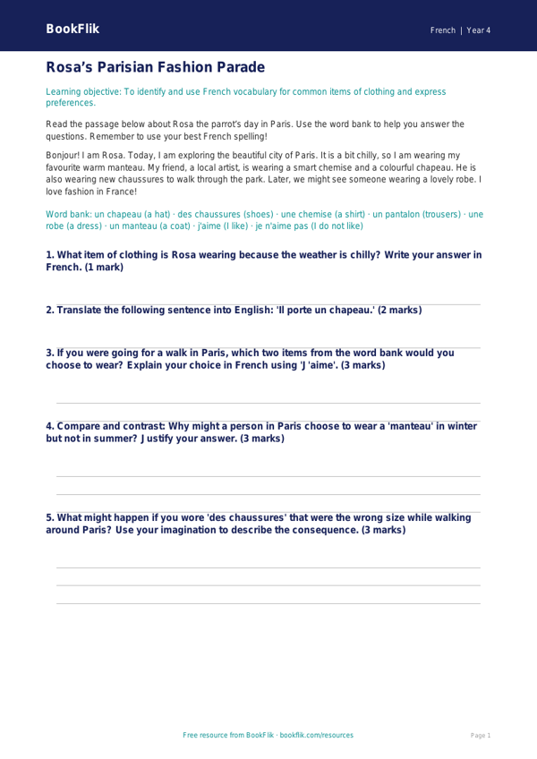 French Clothes Vocabulary Worksheet | Class 4 CBSE | BookFlik worksheet preview — French Clothes