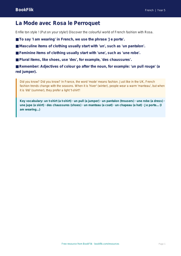 French Clothes Vocabulary Poster for Class 5 | CBSE | BookFlik worksheet preview — French Clothes
