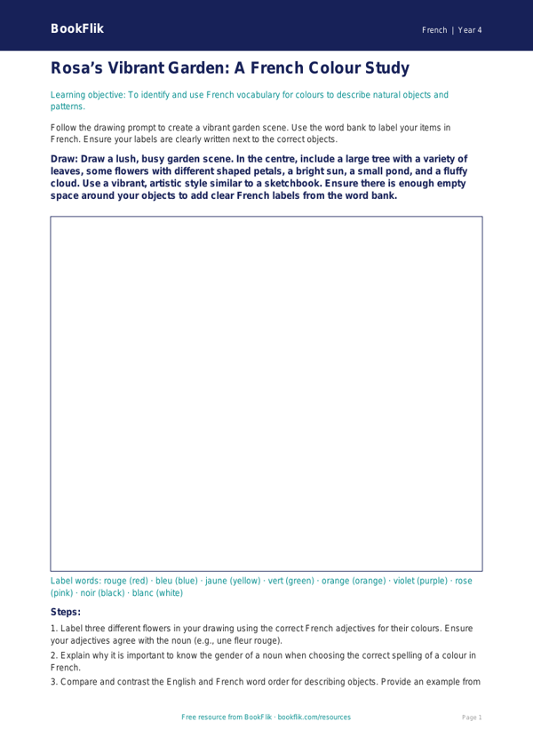 French Colours Drawing Sheet | Class 4 CBSE | BookFlik worksheet preview — French Colours